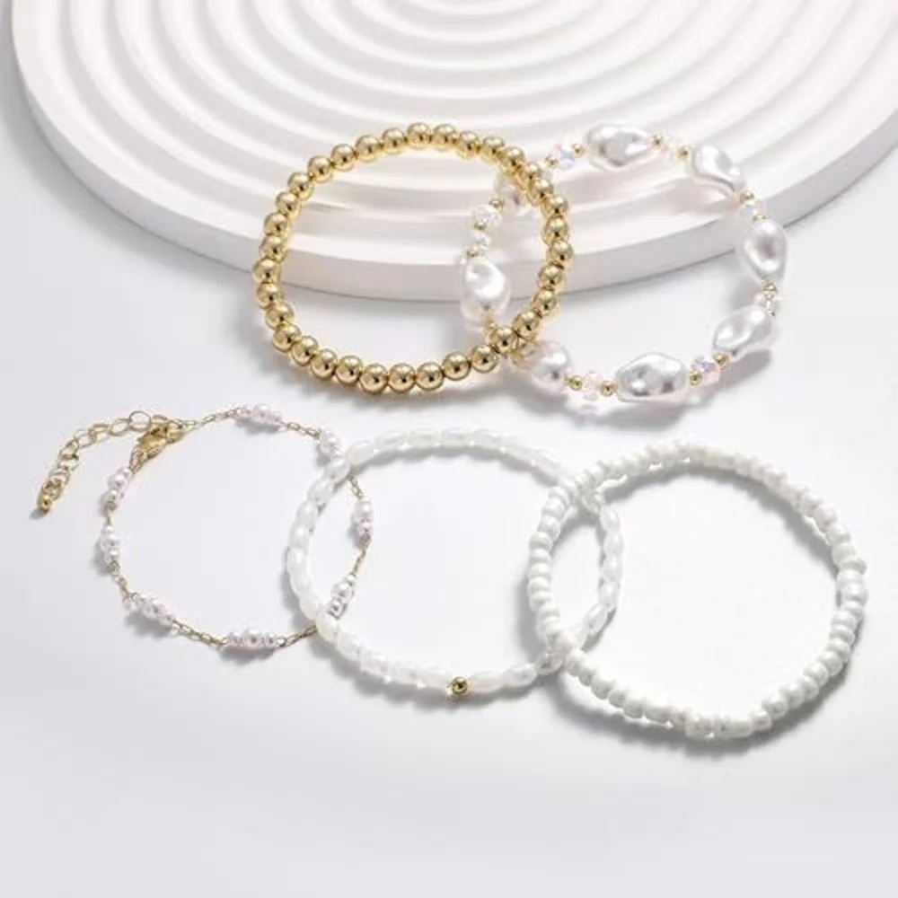 5 Piece Gold‎ White Pearl Beaded Bracelet Set Stackable Layered Jewelry Boho